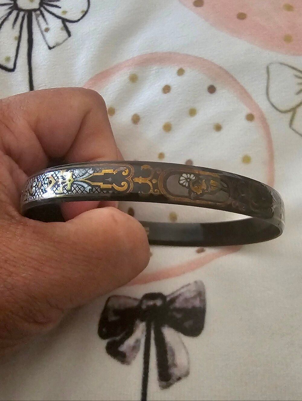 Laurana Engraved Black Metal Bangle with Gold Accents